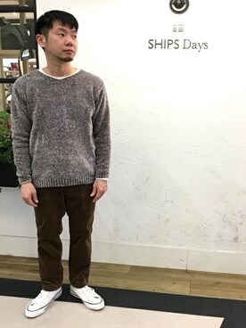 Ships Days インナー付き モコモコ レイヤード ニットを使ったメンズ人気ファッションコーディネート Wear