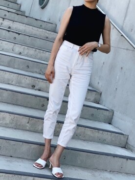 「GU（ジーユー）のアイテム（デニムパンツ、ホワイト系）」を使った、saeさん（レディース・161cm）の夏コーディネート