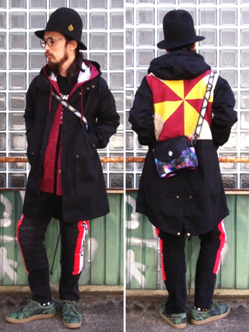 「ALDIES、モッズコート、ブラック、モトクロスパンツ、ストレッチパンツ、ハット、WEAR昭和部、カジュアル」｜「ALDIESのLazy Mods Parka 切り替え モッズコート（モッズコート、ブラック系）」を使った、りょうさん（メンズ・171cm）の冬コーディネートの1枚目の写真