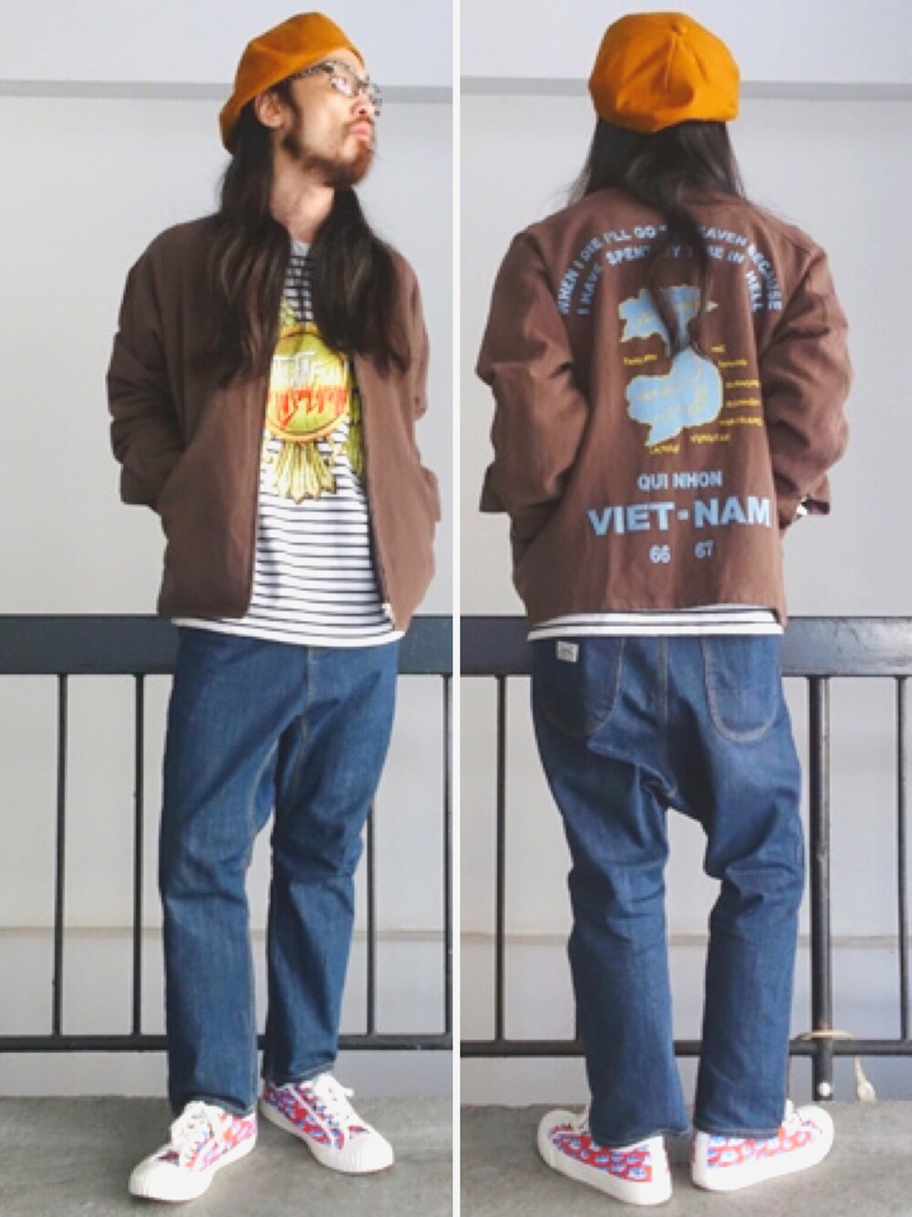 「ALDIES、ベレー帽、ベレー帽推奨委員会、ベレー帽×メガネ、ベトジャン、サルエルパンツ、デニム、デニムパンツ、WEAR昭和部」｜「ALDIESのLinen Souvenir JK 刺繍 スーベニアジャケット（ブルゾン、ブラウン系）」を使った、りょうさん（メンズ・171cm）の冬コーディネートの1枚目の写真