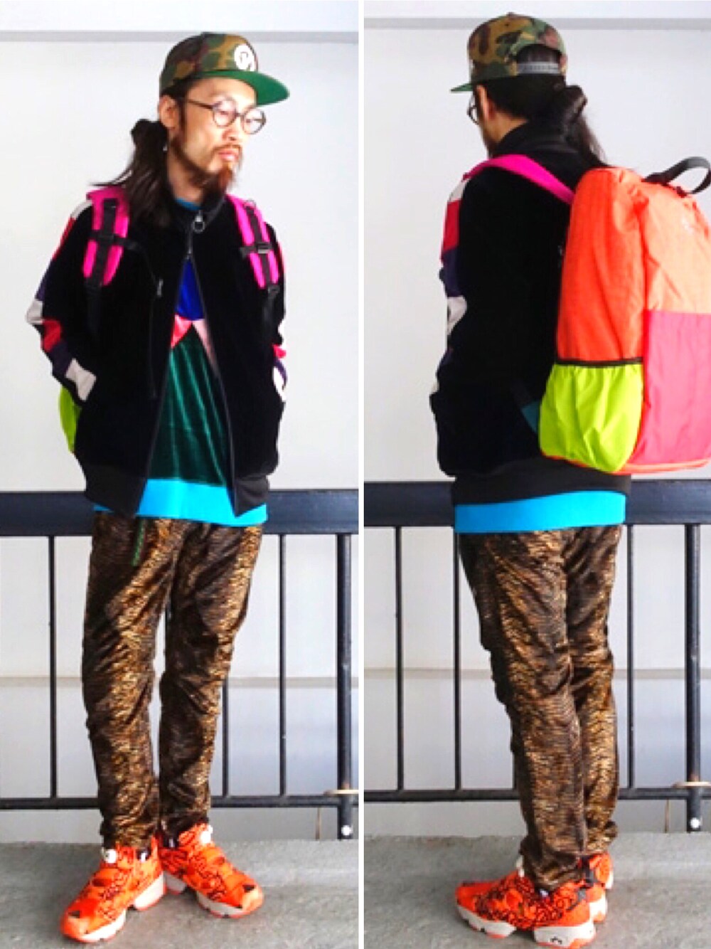 「ALDIES、トラックジャケット、クライミングパンツ、カジュアル、キャップ、WEAR昭和部、アニマル柄」｜「ALDIESのCounter Slim Pants フェイクファー クライミング スリムパンツ（その他パンツ、ブラウン系）」を使った、りょうさん（メンズ・171cm）の冬コーディネートの1枚目の写真