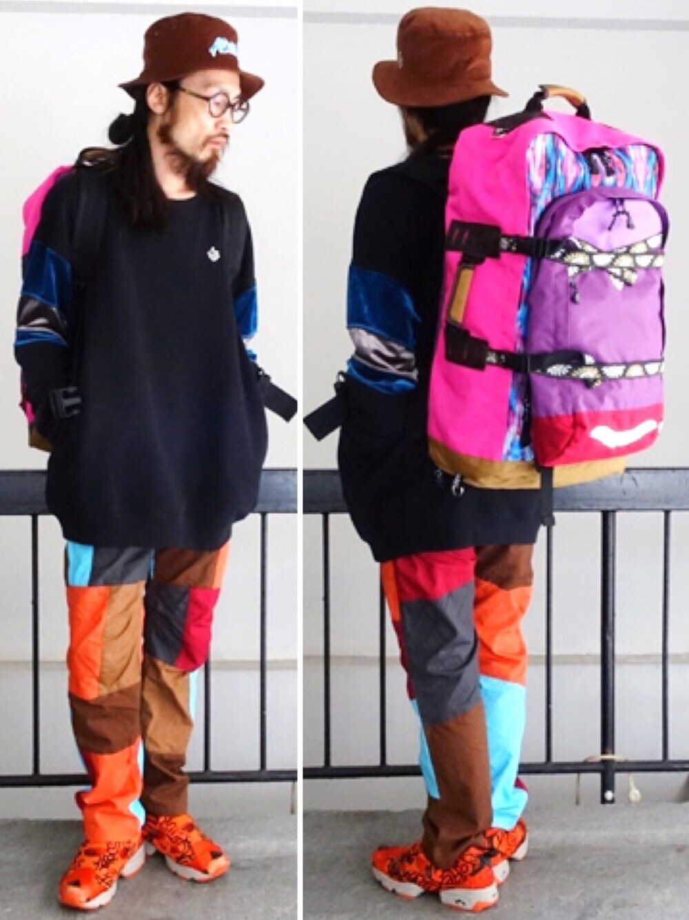「ALDIES、春コーデ、カジュアル、ハット、ビッグシルエット、ブラック、リュック、WEAR昭和部、WEAR東海、名古屋」｜「ALDIESのClassic Hat ロゴ刺繍入りバケットハット（ハット、ブラウン系）」を使った、りょうさん（メンズ・171cm）の春コーディネートの1枚目の写真