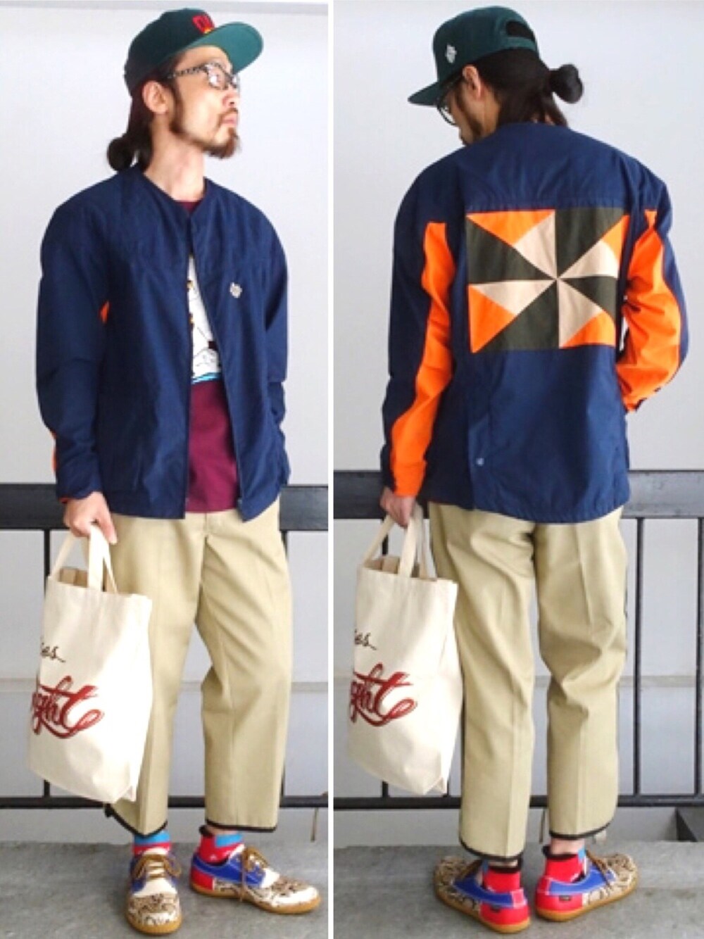 「ALDIES、春コーデ、ハンティングジャケット、カジュアル、クロップドパンツ、キャップ、WEAR昭和部、WEAR東海、名古屋」｜「ALDIESのSalsoul Cap レインボー 刺繍 キャップ（キャップ、グリーン系）」を使った、りょうさん（メンズ・171cm）の春コーディネートの1枚目の写真