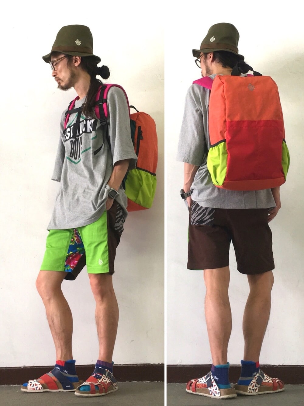 「ALDIES、夏コーデ、夏、カジュアル、ビッグシルエット、リュック、ショートパンツ、夏フェス、WEAR昭和部、名古屋」｜「ALDIESのPiter Hat（ハット、グリーン系）」を使った、りょうさん（メンズ・171cm）の夏コーディネートの1枚目の写真