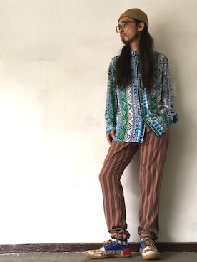 「柄×柄」｜「アイテム（スラックス）」を使った、りょうさん（メンズ・171cm）の夏コーディネート