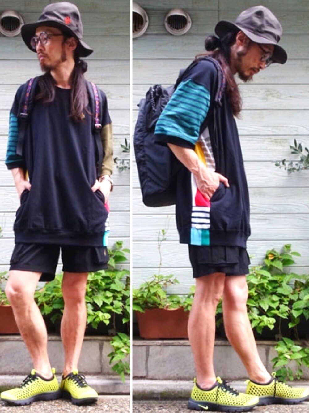「ALDIES、夏、夏コーデ、カジュアル、ハット、ビックシルエット、ブラック、ショートパンツ、WEAR昭和部、名古屋」｜「ALDIESのChevron Hat （ハット、ブラウン系）」を使った、りょうさん（メンズ・171cm）の夏コーディネートの1枚目の写真