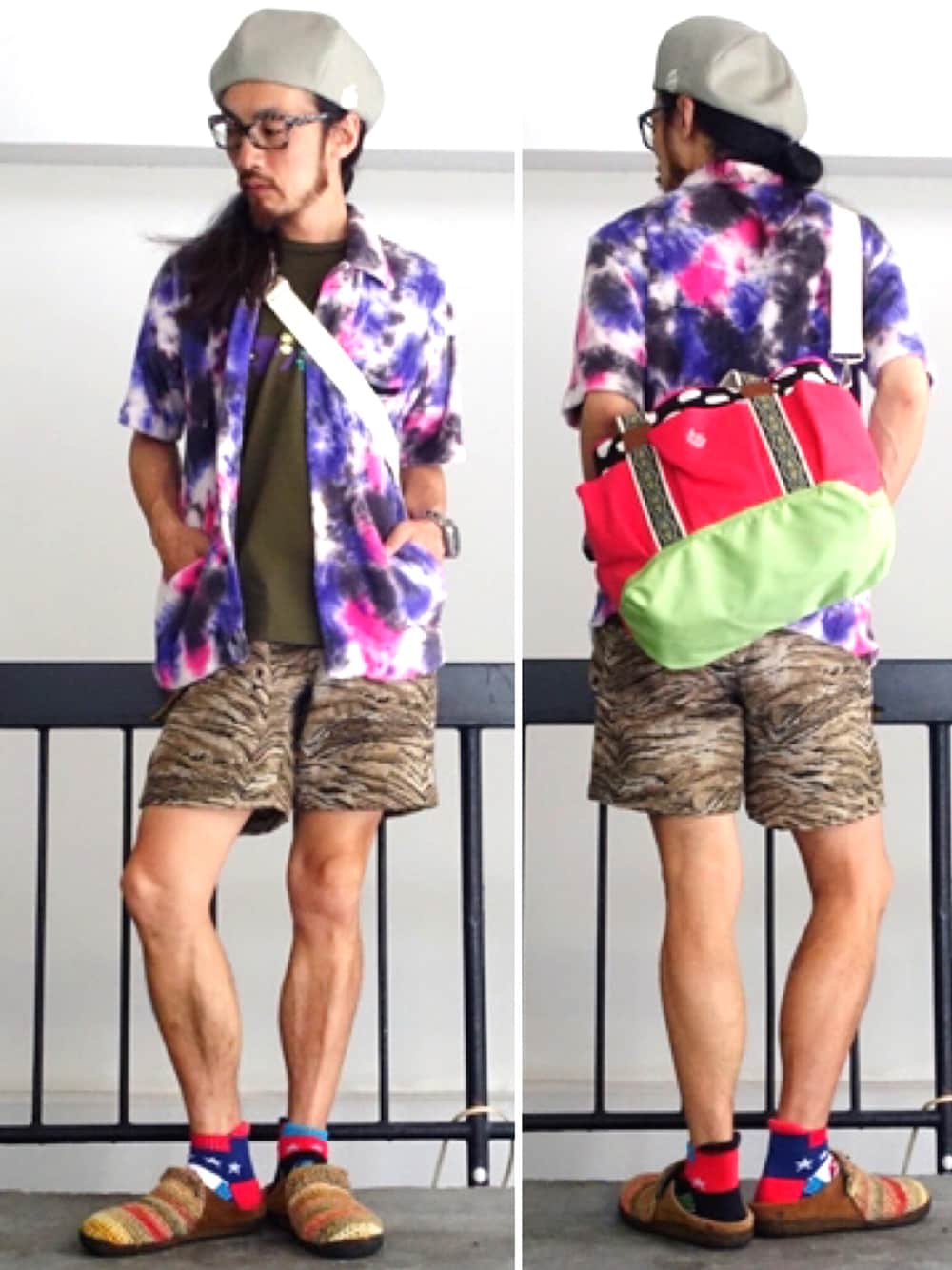 「ALDIES、夏コーデ、夏、シャツスタイル、総柄トップス、Tシャツ、ショートパンツ、カジュアル、WEAR昭和部、名古屋」｜「ALDIESのPripera Beret プリペラベレー（ハンチング/ベレー帽、グレー系）」を使った、りょうさん（メンズ・171cm）の夏コーディネートの1枚目の写真