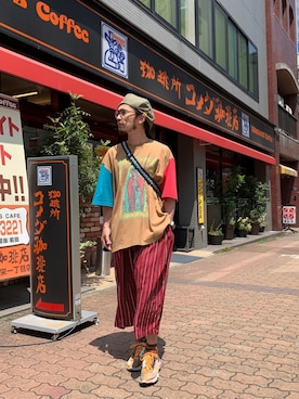 「ストライプパンツ」｜「アイテム（ハンチング/ベレー帽）」を使った、りょうさん（メンズ・171cm）の夏コーディネート