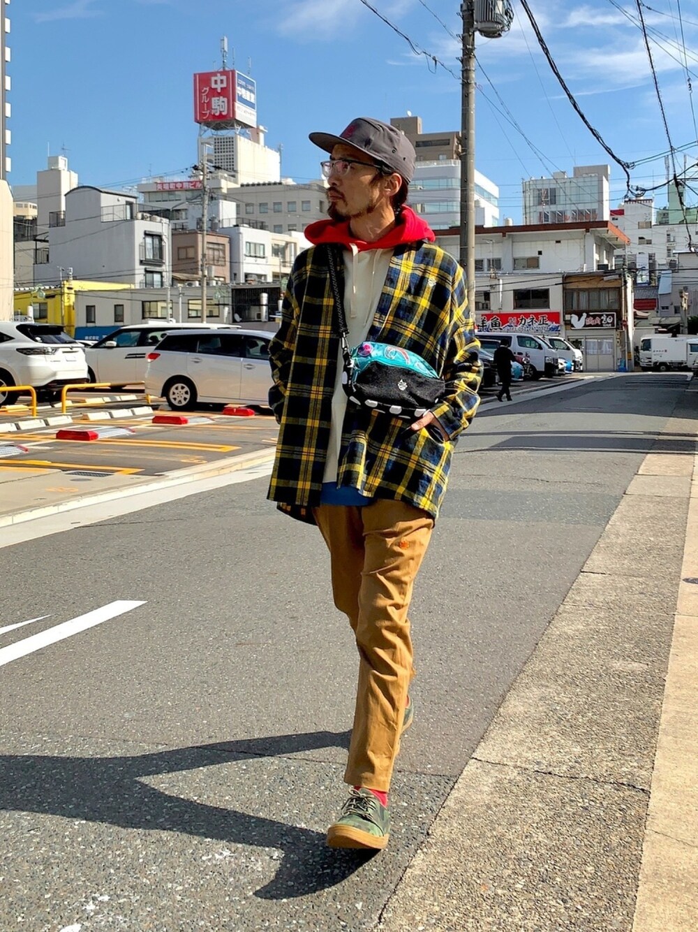 「ALDIES、ジェットキャップ、ネルシャツ、パーカー、ビックシルエット、レイヤードスタイル、イージーパンツ、サルエルパンツ、カジュアル、秋冬コーデ」｜「ALDIESのWiwi Cap(Gray)（キャップ、その他）」を使った、りょうさん（メンズ・171cm）の秋コーディネートの1枚目の写真