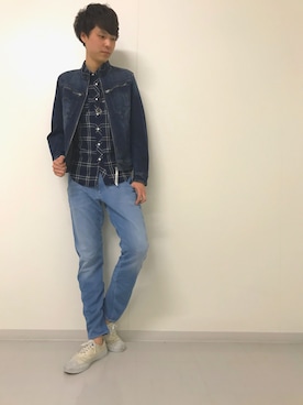 「G-STAR（ジースター）のArc Zip 3D Slim Jacket（デニムジャケット、ブルー系）」を使った、Shoheiさん（メンズ・185cm）の冬コーディネート