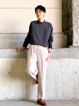 「Right-on（ライトオン）の【PLUS ONE】抗菌防臭ポンチモックネックロンT（Tシャツ/カットソー、グレー系）」を使った、Shoheiさん（メンズ・185cm）の秋コーディネート