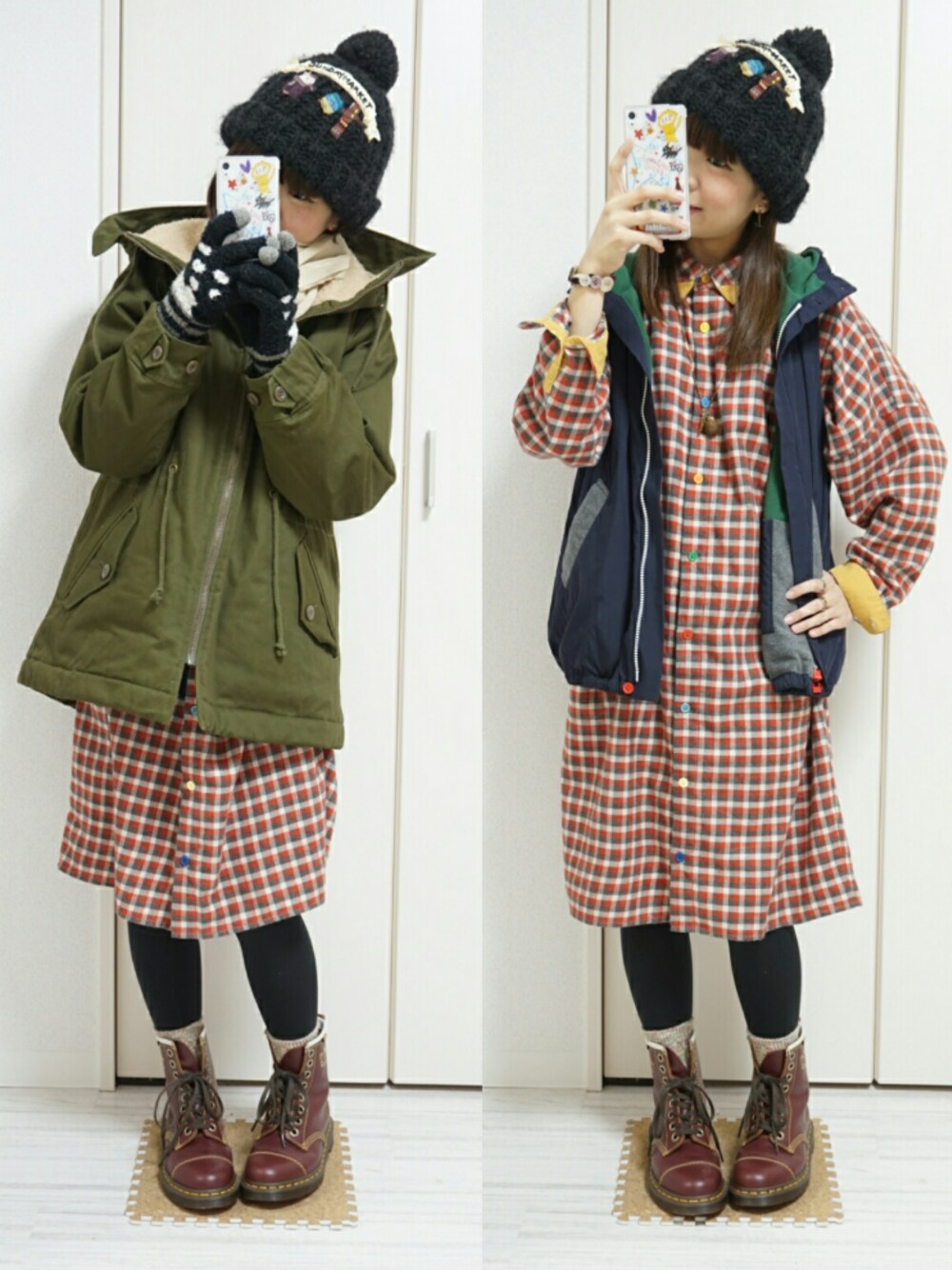 「ゆるコーデ、ゆる部隊、クリスマスカラー、モッズコート、シャツワンピ、ベスト、ニット帽、FRAPBOIS、Dr.Martens」｜「FRAPBOISのショートモッズリバー（モッズコート、グリーン系）」を使った、nao_mamekoさん（レディース・152cm）の冬コーディネートの1枚目の写真