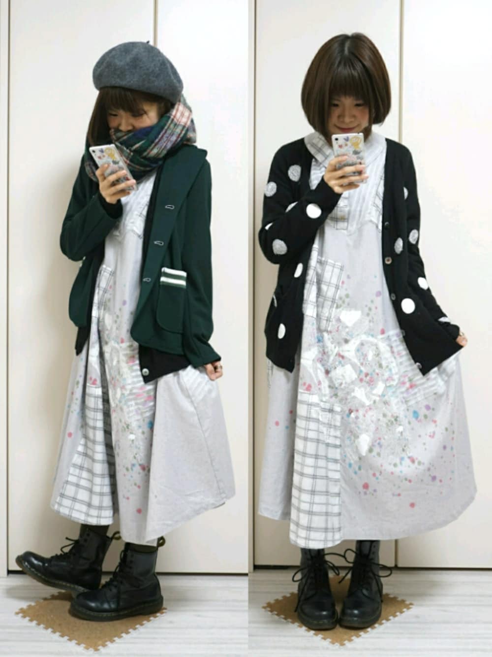 「チェック、ドット、グレー×グリーン、シャツワンピ、ベレー帽、ジャケット、マフラーぐるぐる、Dr.Martens、FRAPBOIS」｜「CECIL McBEEのアイテム（ハンチング/ベレー帽、グレー系）」を使った、nao_mamekoさん（レディース・152cm）の秋コーディネートの1枚目の写真