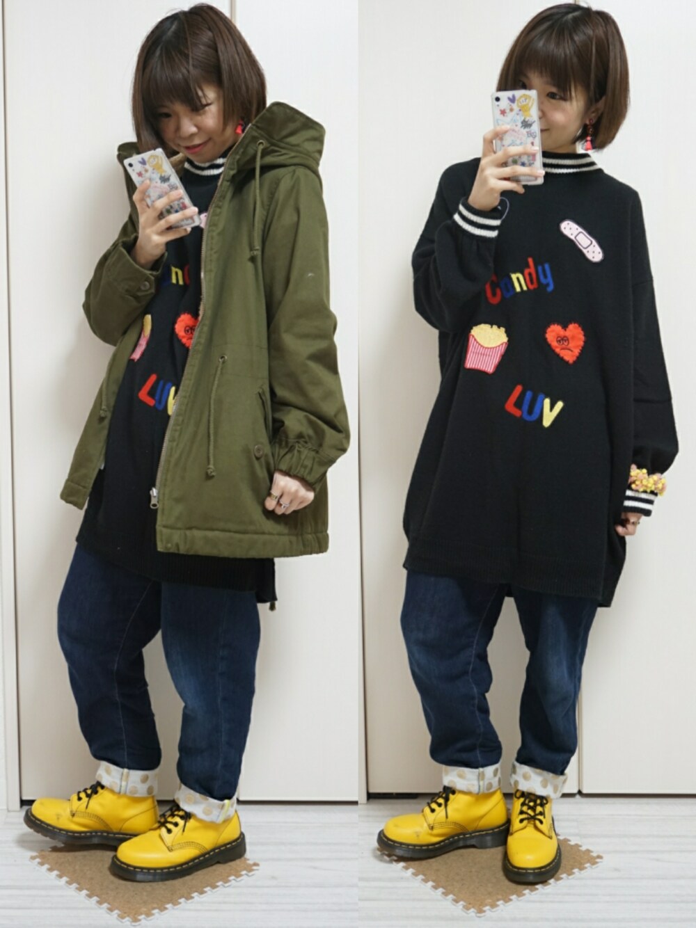 「モッズコート、ゆるコーデ、ゆる部隊、ニットワンピース、ニットワンピ、Dr.Martens、FRAPBOIS、Candy Stripper」｜「FRAPBOISのショートモッズリバー（モッズコート、グリーン系）」を使った、nao_mamekoさん（レディース・152cm）の秋コーディネートの1枚目の写真