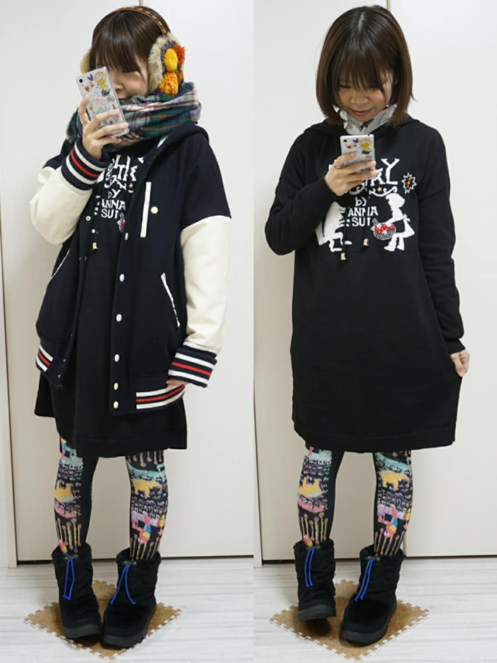 「ニットワンピース、スタジャン、柄タイツ、ムートンブーツ、マフラーぐるぐる、イヤーマフ」｜「CA4LAのアイテム（イヤーマフ、オレンジ系）」を使った、nao_mamekoさん（レディース・152cm）の冬コーディネートの1枚目の写真