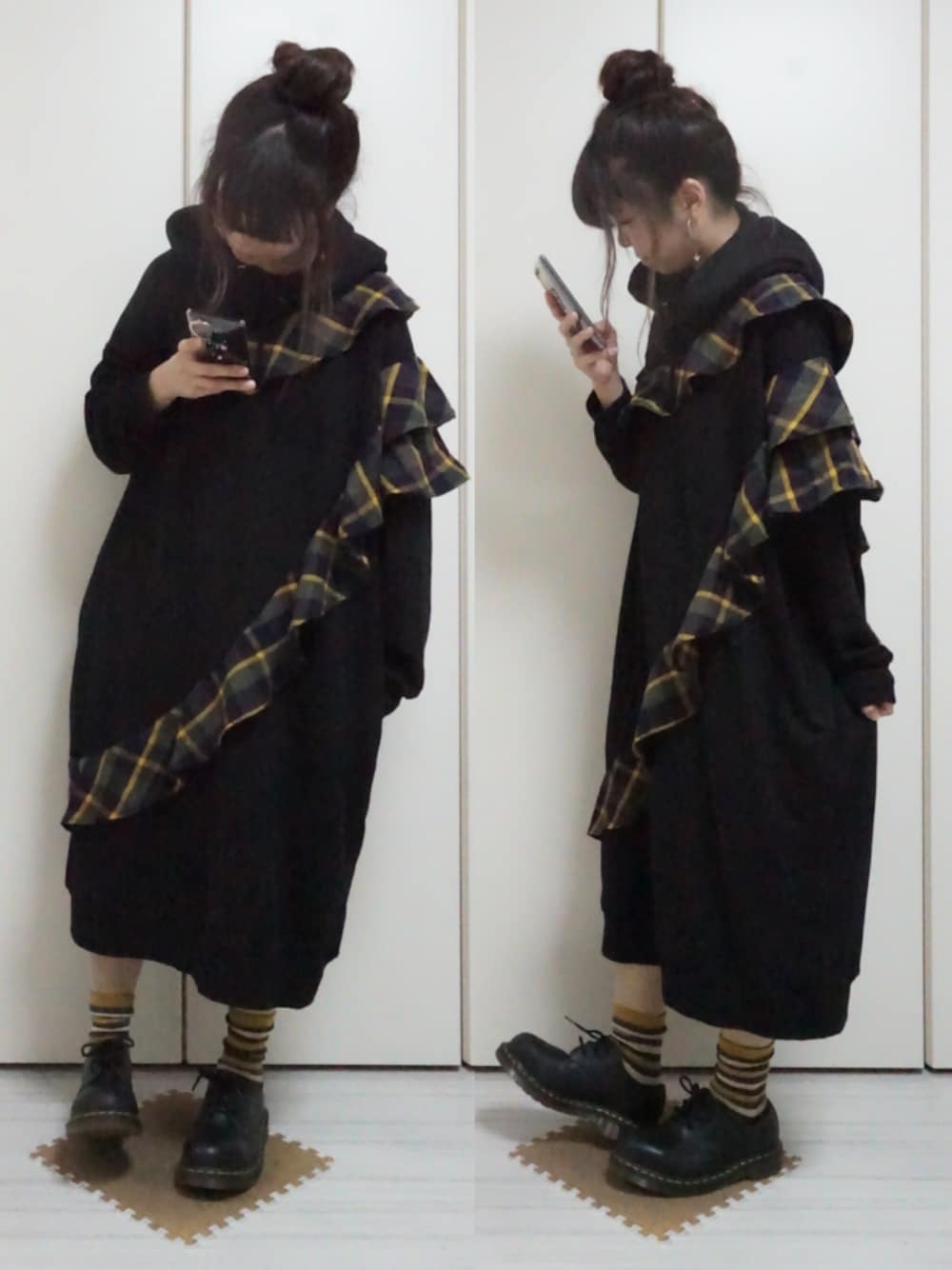 「黒×黄色、チェック、フリル、しましま、パーカーワンピース、パーカーワンピ、おだんごヘアー、Dr.Martens」｜「FRAPBOISのフリチェック（ワンピース、ブラック系）」を使った、nao_mamekoさん（レディース・152cm）の秋コーディネートの1枚目の写真