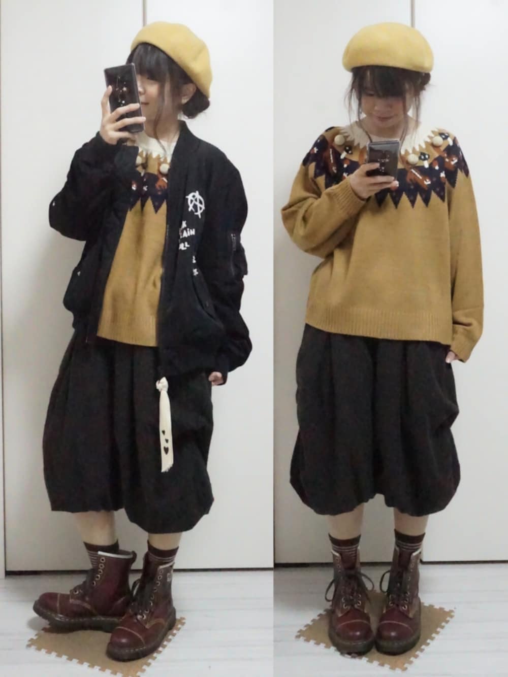 「ブラウンコーデ、ニット、ベレー帽、MA-1、Dr.Martens」｜「OVERRIDEの【override】★OR Anna Pon Basque Beret/オーバーライド アンナ ポン バスク ベレー（ハンチング/ベレー帽、イエロー系）」を使った、nao_mamekoさん（レディース・152cm）の秋コーディネートの1枚目の写真
