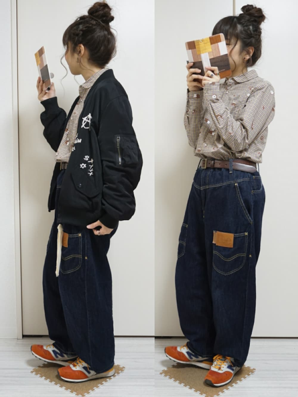 「平成最後のWEARISTAセンバツ、春のパン祭り、おだんごヘアー、シャツスタイル、シャツイン、ワイドパンツ、ワイドデニム、MA-1、スニーカー、New Balance」｜「FRAPBOISのツールズ（ピアス（片耳用）、その他）」を使った、nao_mamekoさん（レディース・152cm）の春コーディネートの1枚目の写真