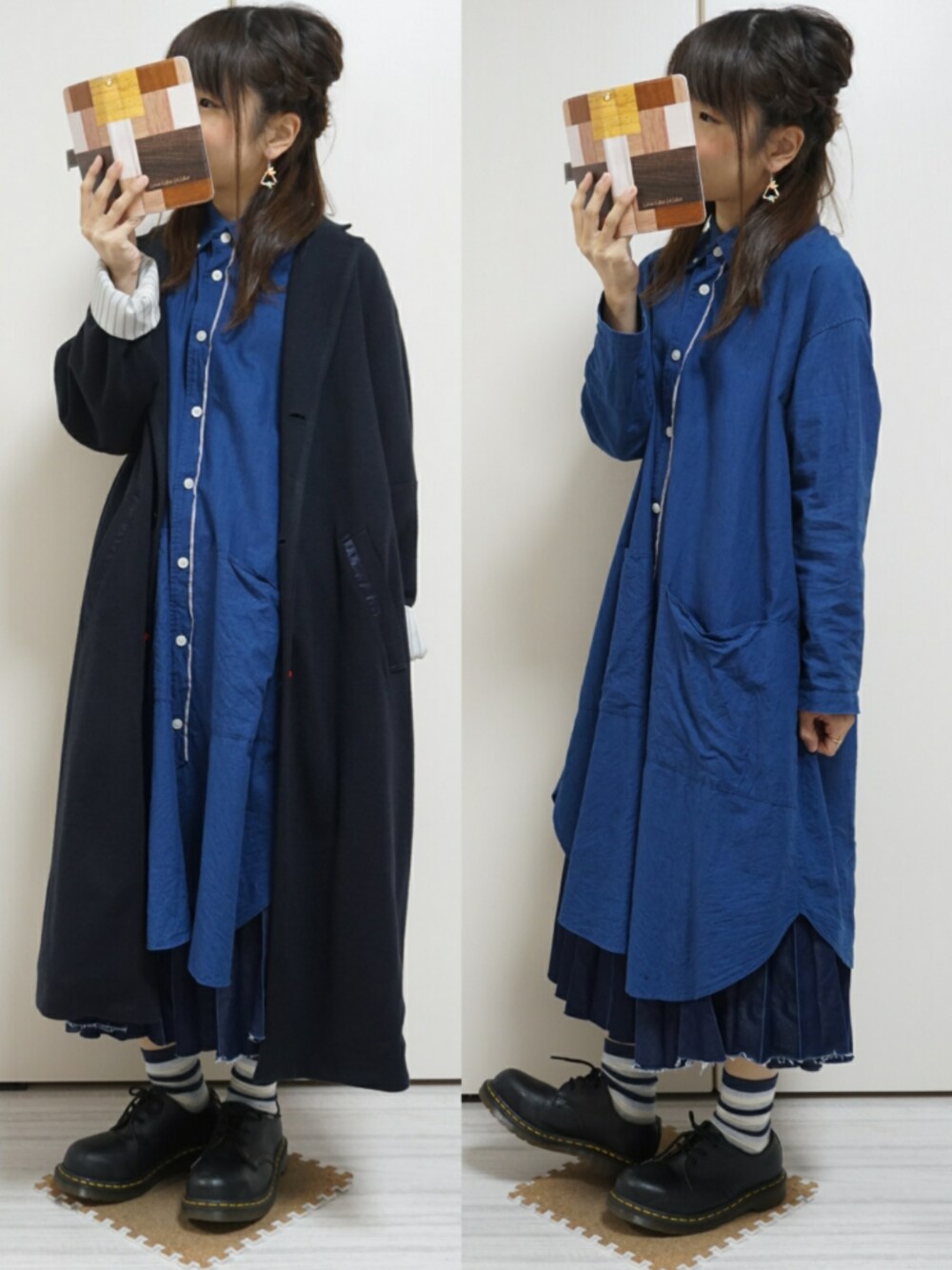 「ワントーンコーデ、オールネイビー、シャツワンピ、プリーツスカート、ロングコート、ハーフアップ、Dr.Martens」｜「FRAPBOISのポンチ（その他アウター、ブルー系）」を使った、nao_mamekoさん（レディース・152cm）の春コーディネートの1枚目の写真