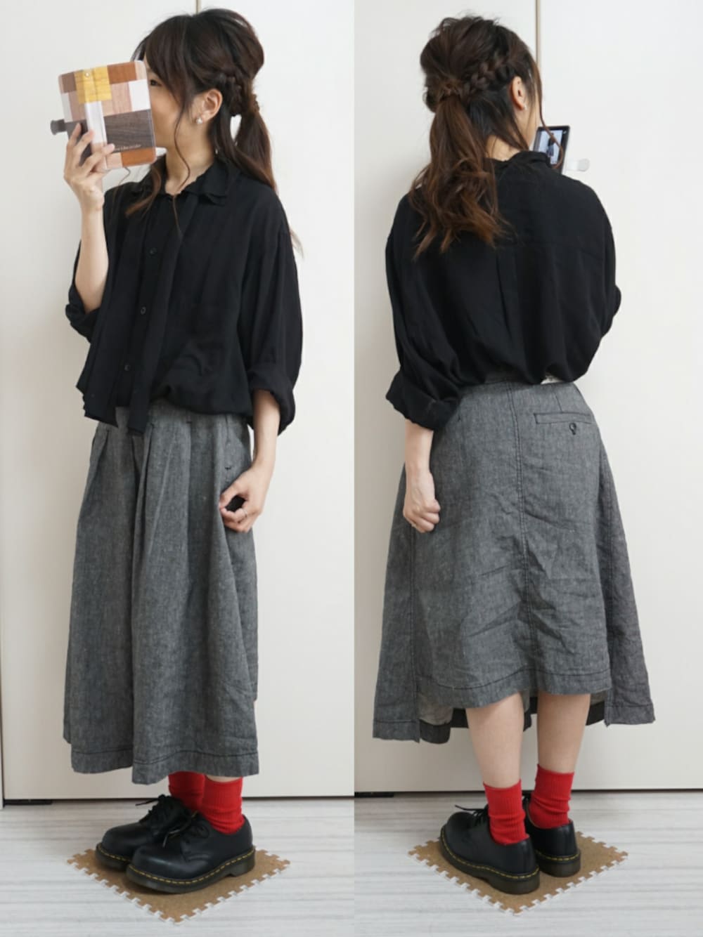 「赤黒、シャツスタイル、大人ガーリー、ハーフアップ、Dr.Martens」｜「Yohji Yamamotoのアイテム（シャツ/ブラウス、ブラック系）」を使った、nao_mamekoさん（レディース・152cm）の夏コーディネートの1枚目の写真