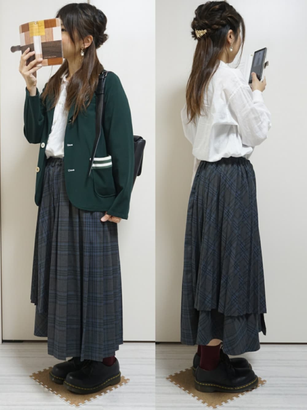 「チェック、白シャツ、ジャケット、Dr.Martens」｜「LANVIN en BleuのLANVIN en Bleu(ランバン オン ブルー）　プチソワレパールビジュースイングピアス（ピアス（両耳用）、ホワイト系）」を使った、nao_mamekoさん（レディース・152cm）の冬コーディネートの1枚目の写真