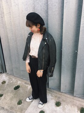 「JOURNAL STANDARD relume（ジャーナルスタンダード　レリューム）のアイテム（ライダースジャケット）」を使った、yukaさん（レディース・148cm）の冬コーディネート