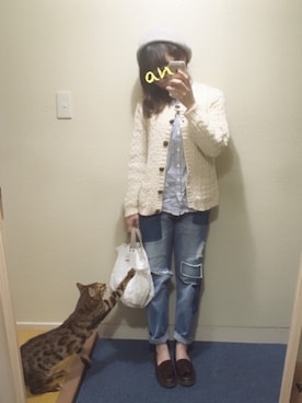 「猫」｜「アイテム（ハンチング/ベレー帽）」を使った、anさん（レディース・155cm）の春コーディネート