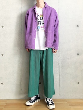 「プリーツ」｜「アイテム（カバーオール）」を使った、totoさん（メンズ・173cm）の秋コーディネート