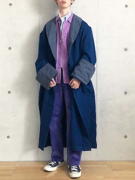 「アイテム（カバーオール、パープル系）」を使った、totoさん（メンズ・173cm）の冬コーディネート