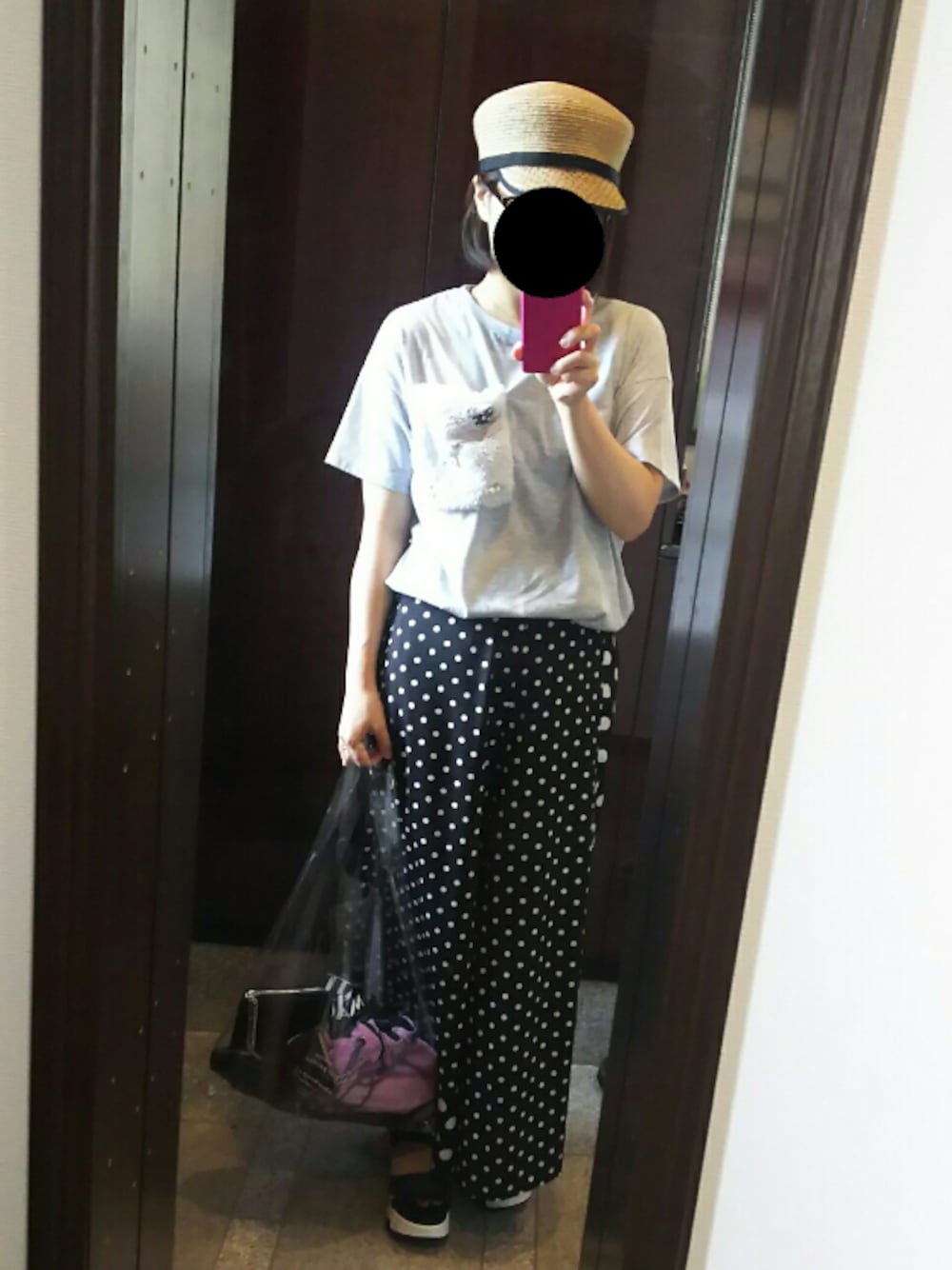 「キャスケット、チュール、ファーポケット、ドットパンツ、ワイドパンツ、スポサン、PVC、クリアバッグ、machatt、ZARA」｜「HIANDのキャスケット（キャスケット、ベージュ系）」を使った、Jasmine♡さん（レディース・160cm）の春コーディネートの1枚目の写真