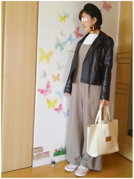 「NATURAL BEAUTY BASIC（ナチュラルビューティーベーシック）のアイテム（ライダースジャケット）」を使った、mintoさん（レディース・155cm）の春コーディネート