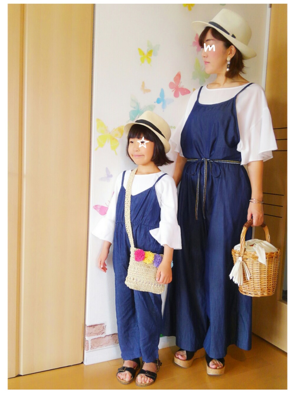 「デニム、シンプル、夏、オールインワン、休日コーデ、おそろいコーデ、リンクコーデ、アダルトおカワたん部、ひとりサロペフェス、親子ーデ☆」｜「CIAOPANIC TYPYのクーポン使って2000円☆メンズサイズ（ハット、ホワイト系）」を使った、mintoさん（キッズ・110cm）の夏コーディネートの1枚目の写真