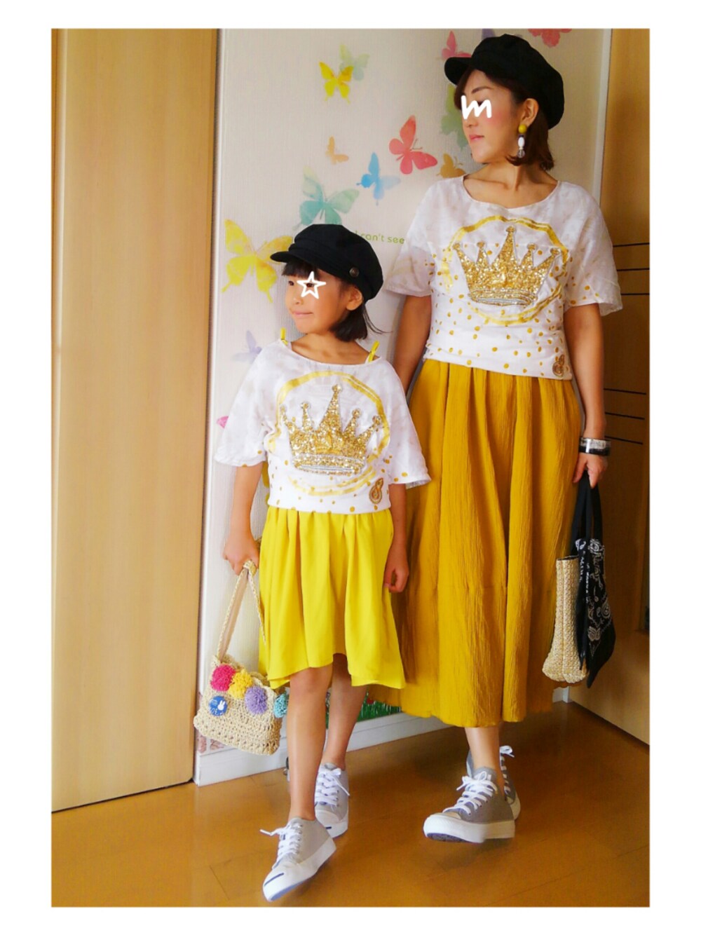 「コンバース、シンプルコーデ、おそろいコーデ、黄色スカート、グレー×イエロー、ワンピース×スニーカー、リンクコーデ、アダルトおカワたん部、ひとりマキシスカートフェス、親子ーデ☆」｜「CONVERSEの10%OFFの6318円☆ALL STAR TWINKLESTAR SLIP OX/オールスター ティンクルスター スリップ OX（スニーカー、グレー系）」を使った、mintoさん（キッズ・110cm）の夏コーディネートの1枚目の写真