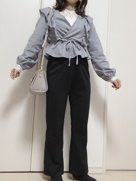 「しまむら（シマムラ）のフレアパンツ（パンツ、ブラック系）」を使った、star🌟さん（レディース・157cm）の春コーディネート