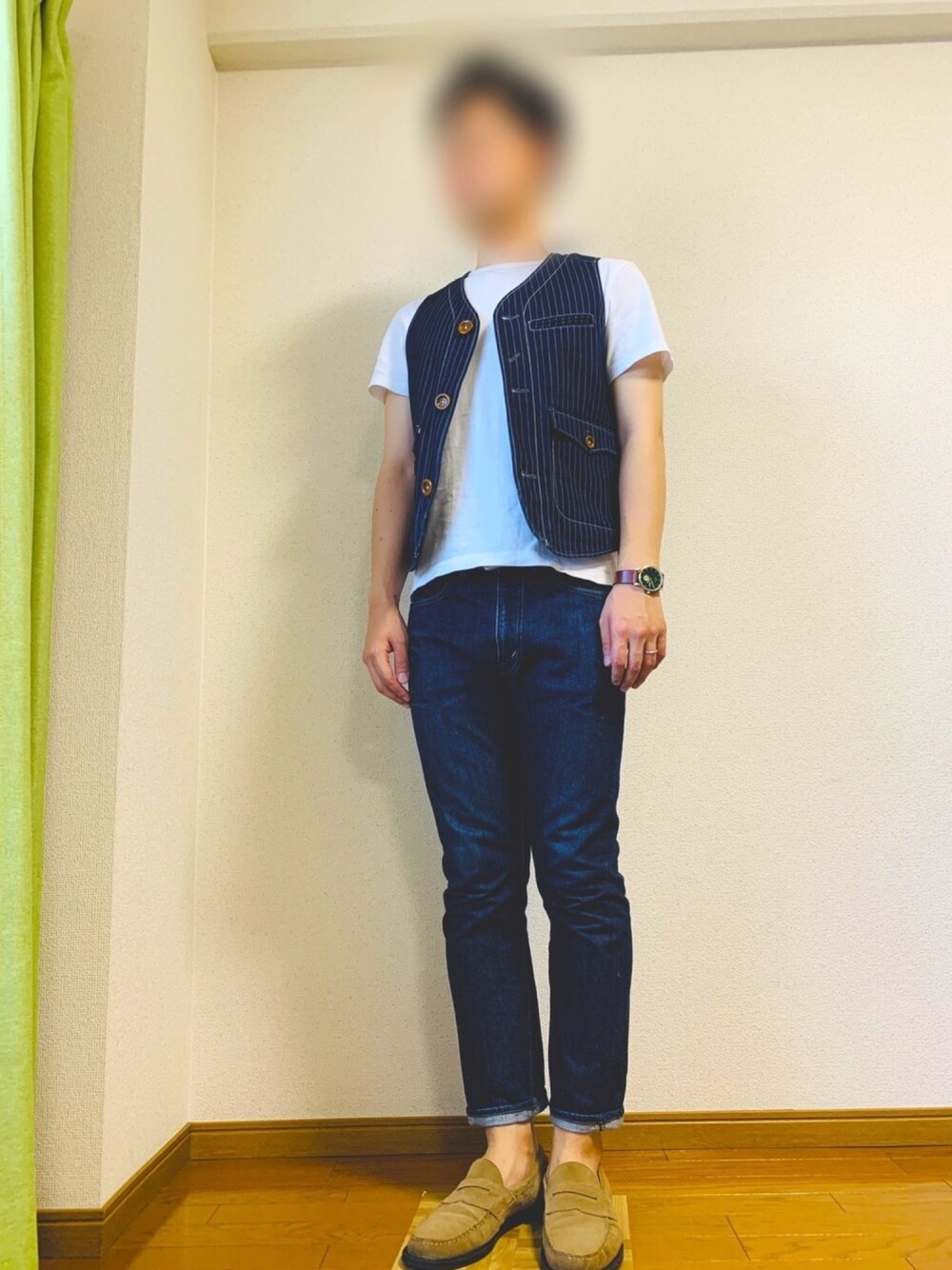 「アメカジ、トラッド、ベスト、夏コーデ、シンプル、ストライプ、ラコステ、Pherrow's、orslow、SHIPS」｜「LACOSTEのアイテム（Tシャツ/カットソー、ホワイト系）」を使った、ウェルカム【相互】さん（メンズ・175cm）の夏コーディネートの1枚目の写真