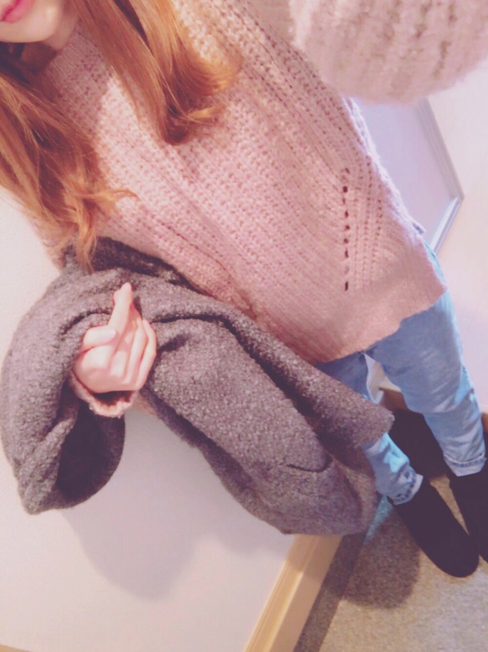 「ボウリング、お正月休み、冬休み、ムートンブーツ、ニット、ZARA、しまむら、ピンク、もこもこ、チェスターコート」｜「niko and...のアイテム（ニット/セーター、ピンク系）」を使った、Miki ◡̈⃝⋆*さん（レディース・155cm）の冬コーディネートの1枚目の写真