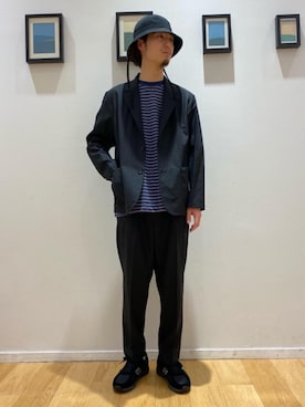 「green label relaxing（グリーンレーベルリラクシング）のSC GLR コットン ナイロン ストラップ バケットハット（ハット、ブラック系）」を使った、fujiko1f1fujimoさん（メンズ）の春コーディネート