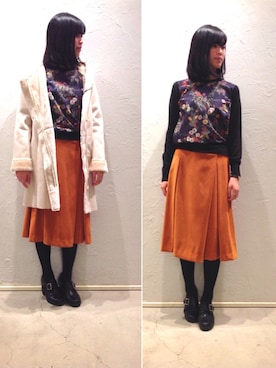 「アイテム（スカート、オレンジ系）」を使った、Yukiさん（レディース・157cm）の秋コーディネート
