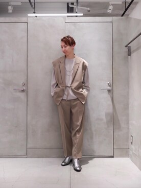 「MONKEY TIME（モンキータイム）の＜monkey time＞ PE TRO WIDE 1P PANTS/ワイドパンツ（その他パンツ、ベージュ系）」を使った、Yusuke Takeiさん（メンズ・175cm）の春コーディネート