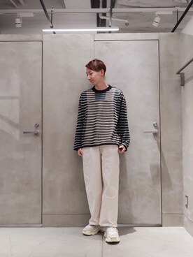 「MONKEY TIME（モンキータイム）の＜monkey time＞ N/PE MESH BORDER LSL/メッシュニット（ニット/セーター、ブラック系）」を使った、Yusuke Takeiさん（メンズ・175cm）の春コーディネート