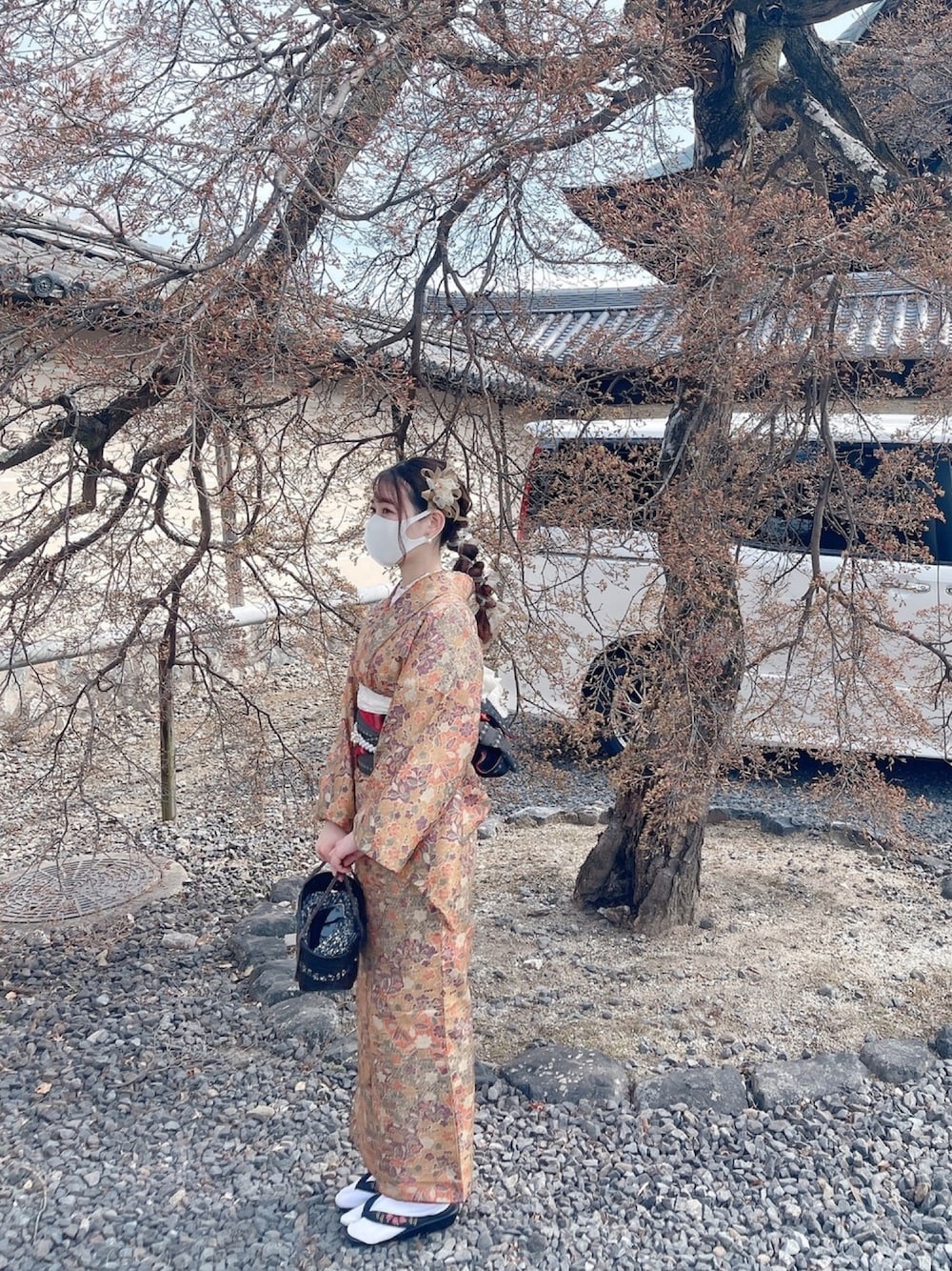 「着物、着物コーデ、着物女子、京都、京都観光、嵐山、京都旅、休日デート、ヘアアレンジ」｜「梨花和服のアイテム（着物、オレンジ系）」を使った、きょこさん（レディース・153cm）の春コーディネートの1枚目の写真