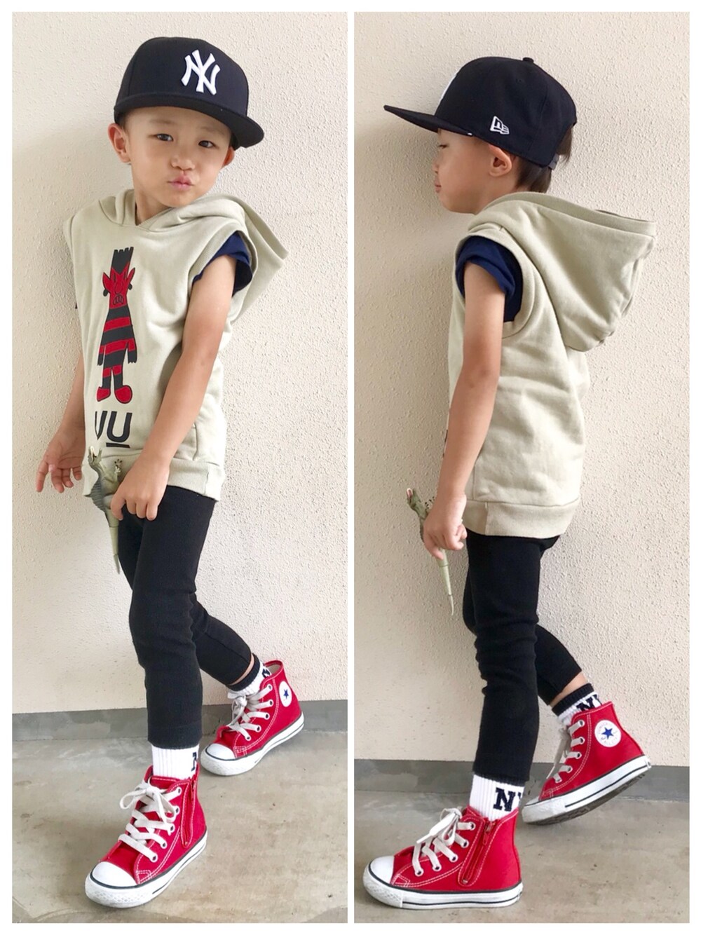 「キッズファッション、男の子コーデ、おしゃれさんと繋がりたい、uu、ハイカット、赤コンバース、NEW ERA、converse、UNDER COVER、黒スキニー」｜「NEW ERAのＮＥＷＥＲＡ　ＫＩＤＳ　９ＦＩＦＴＹ（キャップ、ブラック系）」を使った、neuneuneuさん（キッズ・100cm）の春コーディネートの1枚目の写真