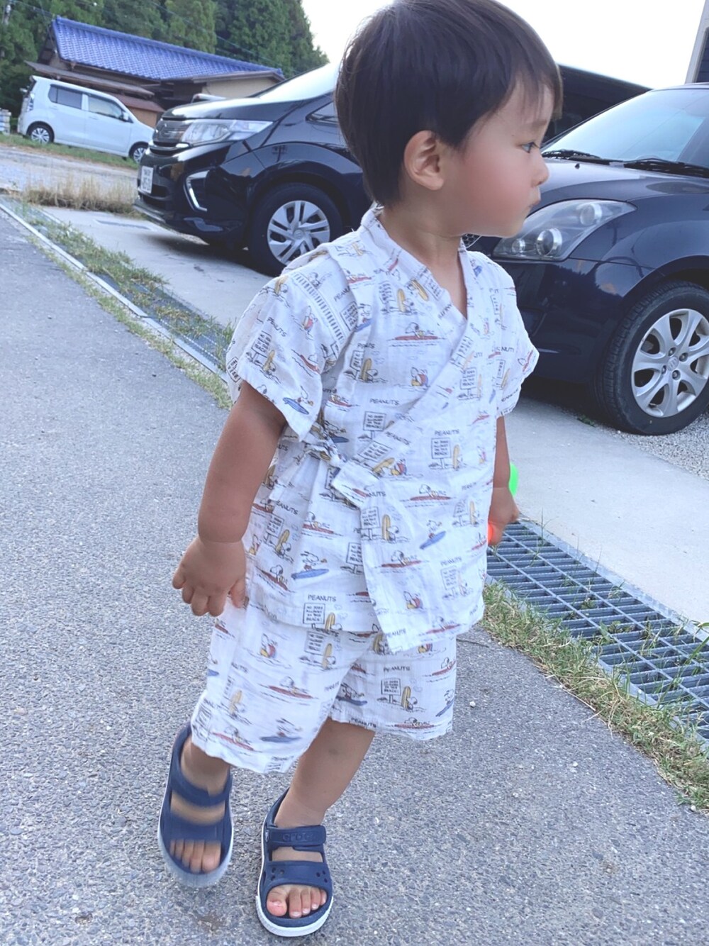 「甚平、子供服、男の子、男の子コーデ、男の子ママ、1歳10ヶ月」｜「petit mainのアイテム（浴衣、ホワイト系）」を使った、Toaママさん（レディース・158cm）の夏コーディネートの1枚目の写真