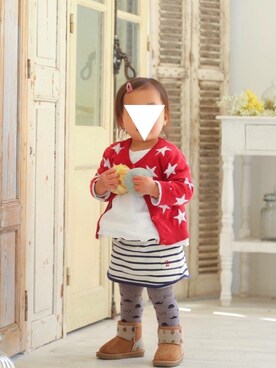 「西松屋（ニシマツヤ）のアイテム（カーディガン/ボレロ、レッド系）」を使った、あさchocoさん（レディース）の夏コーディネート
