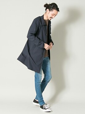 「バスクシャツ」｜「アイテム（ステンカラーコート）」を使った、otsukiさん（メンズ・184cm）の春コーディネート