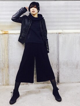 「Guess（ゲス）のアイテム（ライダースジャケット）」を使った、yukaさん（レディース・163cm）の冬コーディネート