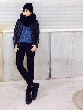 「Guess（ゲス）のアイテム（ライダースジャケット）」を使った、yukaさん（レディース・163cm）の冬コーディネート