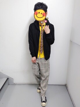 「HARE（ハレ）のウラキモウジップパーカー(HARE)（パーカー）」を使った、とんこつさん（メンズ・166cm）の春コーディネート