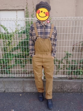 「ベージュコーデ」｜「アイテム（サロペット/オーバーオール、イエロー系）」を使った、とんこつさん（メンズ・166cm）の秋コーディネート
