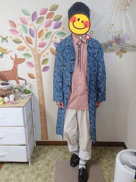 「花柄」｜「アイテム（ステンカラーコート）」を使った、とんこつさん（メンズ・166cm）の春コーディネート